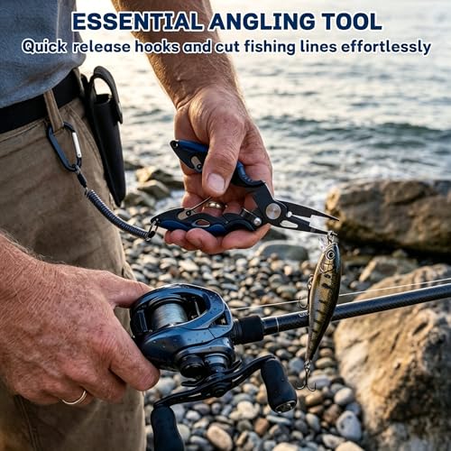 7.5" 420 Stainless Steel Fishing Pliers - Uni-Body Construction, Lightweight Corrosion-Resistant Fishing Tool with Multi-Function Jaws, Braid Cutters, Sheath, Lanyard & Carabiner (blue) - color: Blue