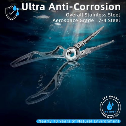 Gomexus 7 Inch Fishing Pliers and Titanium Plating, Saltwater Resistant Fishing Gear, Line Cutter, Hook Remover, Stainless Steel Split Ring Pliers with Carbide Blade-EXOSKELETON 7"
