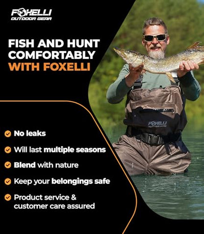 Foxelli Chest Waders – Waterproof 2-ply Nylon/PVC Camo Hunting Fishing Waders for Men and Women with Boots - color: Brown, size: 14