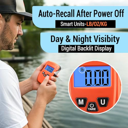 Fish Scale Digital Fishing Scale with Lip Gripper & Replaceable Hook, Auto Unit Recall, 110 lb Capacity, Memory & Total, Multi-Mode lb/oz/kg with LCD Display, Fishing Gift for Men