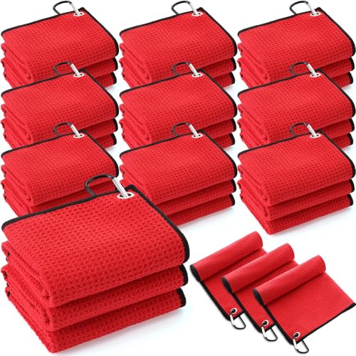 Batiyeer 30 Pcs Golf Towels Bulk for Bags 16'' x 16'' Microfiber Fabric Golf Towel with Clip Waffle Pattern for Men Mini Tournament Fitness Yoga Camping (Red) - color: Red