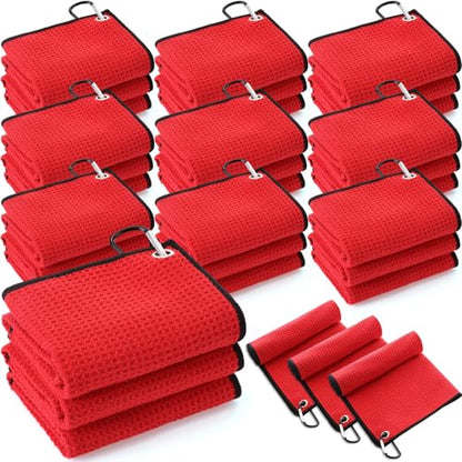 Batiyeer 30 Pcs Golf Towels Bulk for Bags 16'' x 16'' Microfiber Fabric Golf Towel with Clip Waffle Pattern for Men Mini Tournament Fitness Yoga Camping (Red) - color: Red