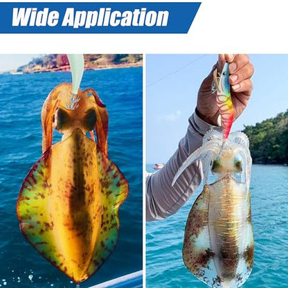 Glow Squid Jig Saltwater Squid Lures, 5/10pcs Luminous Squid Jig Hooks Shrimp Prawn Lures Fluorescent Cuttlefish Sleeve Octopus Jigs Artificial Baits Night Fishing Tackle Size 2.5# 3# 3.5# - size: 3.5#-10pcs