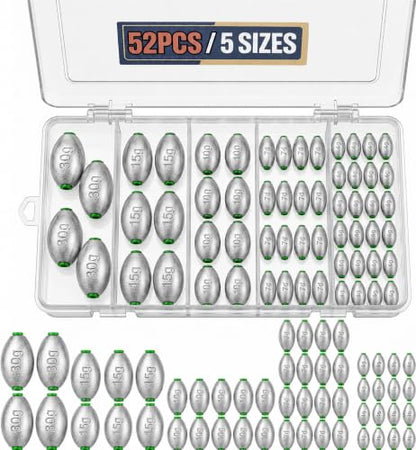 5size 36pcs/52pcs Egg Weights Kit – Slip Sinkers Assortment 1/8oz–1oz, Options, Fishing Weights Smooth Plastic‑Lined Large Bore, Partitioned Tackle Box, Fishing Weights for Shore & Boat - size: 52 Pack – 1/8oz to 1oz