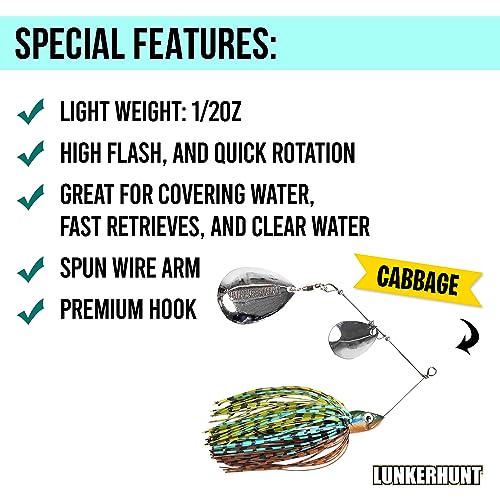 Lunkerhunt Spinner Baits for Bass Fishing with Skirt Jig | Double Willow Leaf Metal Blade Spinning Fishing Lure Bait Emits High Vibration Attracts and Cast Big Fish | Effective Swim Bass Jigs Plastic - color: Cabbage