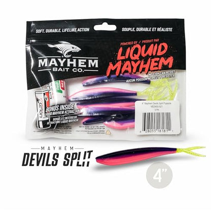 Liquid Mayhem Devils Split 4” – Soft Plastic Lures for Bass & Walleye with Fast Darting Action – Includes Bonus 10ml Attractant – 6 Baits Each Pack - size: 4" Kit - 3 Pack, style: Popsicle