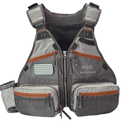 BASSDASH Fly Fishing Vest Adjustable Size with Detachable Water Bottle Holder for Men and Women FV07 - color: Men’s Size - Grey/Chocolate