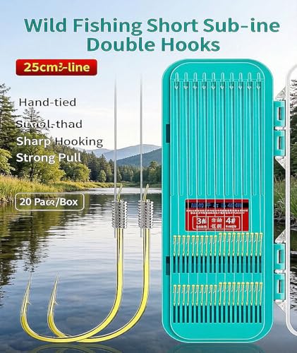 Pre-Tied Double Hook Fishing Rigs for Small Fish Trout Hooks, 20 Sets (40 fishHooks), Saltwater Freshwater Snelled Hooks Kit fluke Hooks, Ready-to-Fish Tackle Lorumox snelled Fishing Hooks - size: #2 & #3
