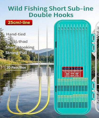 Pre-Tied Double Hook Fishing Rigs for Small Fish Trout Hooks, 20 Sets (40 fishHooks), Saltwater Freshwater Snelled Hooks Kit fluke Hooks, Ready-to-Fish Tackle Lorumox snelled Fishing Hooks - size: #2 & #3