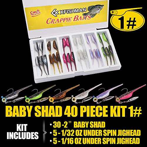 Crappie-Baits- Plastics-Jig-Heads-Kit-Shad-Minnow-Fishing-Lures-for Crappie-Panfish-Bluegill-40 &135 Piece Kit - color: BABY SHAD 40 pc.KIT COMBO 1