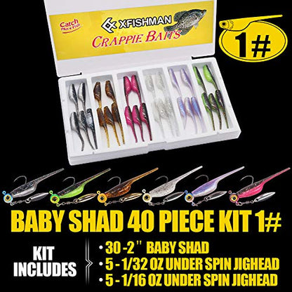 Crappie-Baits- Plastics-Jig-Heads-Kit-Shad-Minnow-Fishing-Lures-for Crappie-Panfish-Bluegill-40 &135 Piece Kit - color: BABY SHAD 40 pc.KIT COMBO 1