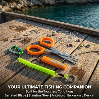 PAFASON 4.5"Fishing Scissors for Braided Line, Lanyard, Stainless Steel, Serrated Blades, Large Finger Holes, Non Slip Grip, Fishing Line Cutter, Safety Case