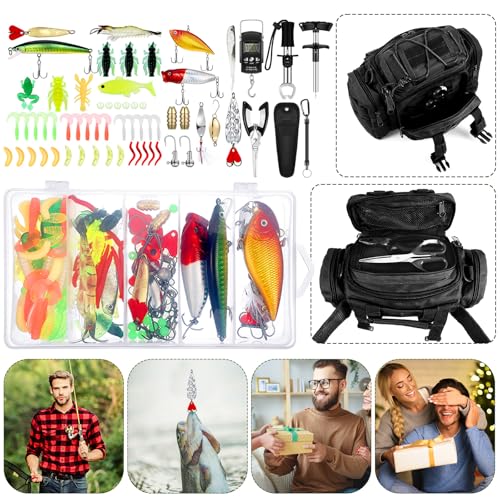 Sosation 482 Pcs Gifts for Men Fishing Gear Equipment Sling Tackle Bag for Father Day Lightweight Fishing Backpack Tackle Box Included Fish Hook Remover Tool Lures Lip Gripper(Black)
