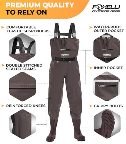 Foxelli Chest Waders – Waterproof 2-ply Nylon/PVC Camo Hunting Fishing Waders for Men and Women with Boots - color: Brown, size: 12