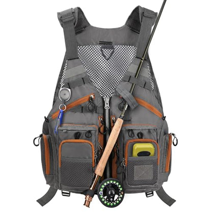Gonex Fly Fishing Vest for Men Women, Comfortable Adjustable Fishing Vest with Multi-Pockets Reflective Stripes - color: Gray+brown