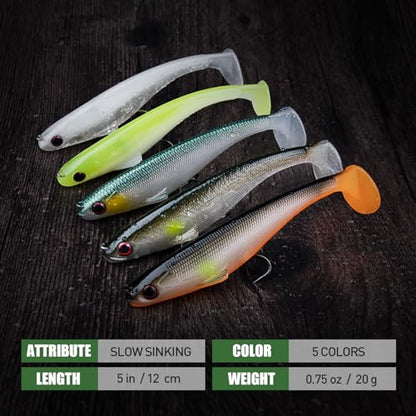 TRUSCEND Shadtale Easy Catch Soft Fishing Lures, Unique Vibration and Action for Various Rigs, Paddle Tail Swimbaits Trailer for Bass, Trout, Crappie, Walleye, Redfish, Saltwater & Freshwater Fishing - color: A1-5",3/4oz