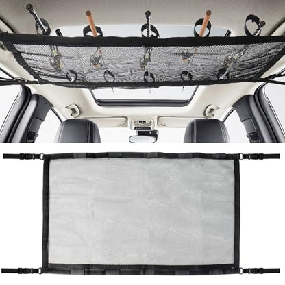 Klmnop Car Fishing Rod Holder, Double Layers Ceiling Fishing Rod Storage Net with 5 Rod Capacity and Zipper, Foldable Mesh Fishing Rod Storage for Car Inside(Black)