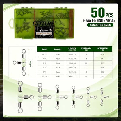Goture Fishing Swivels, 3 Way Swivels Fishing Tackle, T Shape Cross Line Rolling Swivel with Luminous Beads Saltwater Freshwater,6 Sizes Three Way Barrel Swivel with Removable Dividers Tackle Box