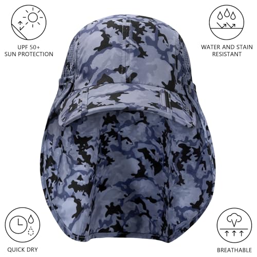 BASSDASH UPF 50+ Foldable Fishing Hat Baseball Cap with Removable Neck Flap Portable for Men Women Golf Hiking - color: Storm Camo With Foldable Brim