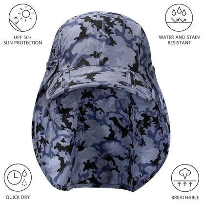 BASSDASH UPF 50+ Foldable Fishing Hat Baseball Cap with Removable Neck Flap Portable for Men Women Golf Hiking - color: Storm Camo With Foldable Brim