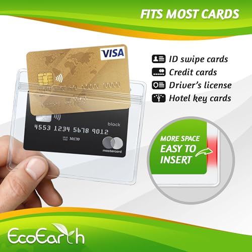 EcoEarth - Horizontal PVC Card Protector with Metal Clips and Vinyl Straps with Soft Edge - Sealable Fits 4x3 inch Inserts - Clear, 100 Pack - Waterproof ID Holder Bulk - ID Card Holder - size: 100 pack