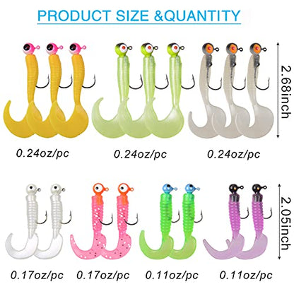 Grub Fishing Lures Jig Heads Hooks Kit, Crappie Lures Tube Baits Soft Worms Grub Tail Crappie Jigs for Bass Trout Bluegill Panfish Fishing 17-140pcs - color: 17pcs/kit
