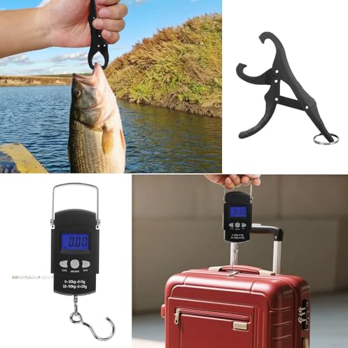 Digital Scale with Lip Gripper：110 Lbs/50 Kg Backlight LCD Display Fishing Scale with Build in Ruler and 2pcs Fish Lip Gripper