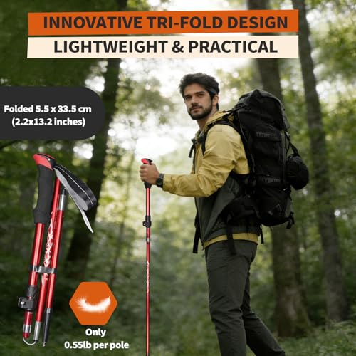 Deepfeel Collapsible Trekking Pole Adjustable Hiking Pole - Aluminum Alloy 7075 Walking Stick with Telescopic & Foldable Tri-fold Design for Travel Camping Climbing Walking - color: Red