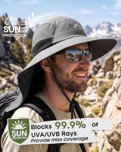FURTALK Sun Hats for Men Women Fishing Hat with Neck Flap Chin Strap UPF 80+ Wide Brim Hiking Safari Summer Hats - color: Dark Grey