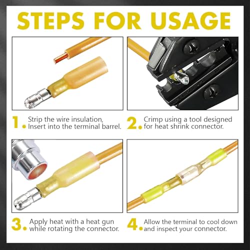 Jeemiter 300PCS Heat Shrink Bullet Connectors - 12-10 AWG Male & Female Electrical Terminals Kit - Waterproof Butt Connectors for Automotive, Marine, Battery & Wiring in Dual-Neck Bottle (Yellow) - size: AWG12-10