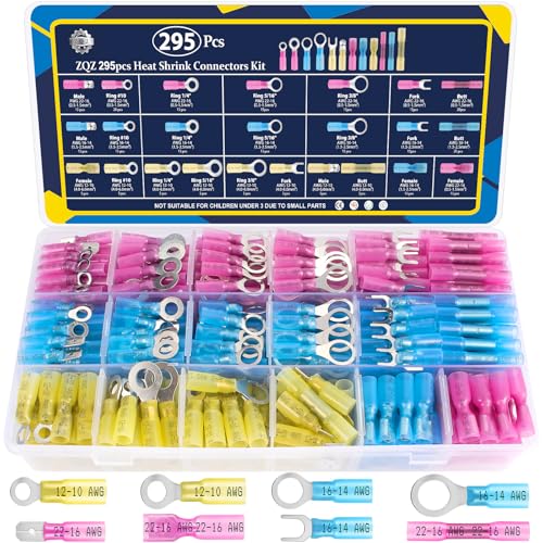 ZQZ 295Pcs Heat Shrink Wire Connectors Kit, Insulated Electrical Crimp Terminals Include Rings Forks Female Male, Butt Assorted Terminal Connectors, Marine Waterproof Wiring Connectors Assortment Kit - size: Heat Shrink 295PCS