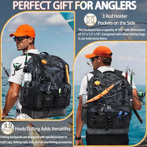 Fishing Backpack with Tackle Boxes and Rod Holder, Cooler, 30L Large Tackle Bag with Fishing Gear Lures Kit, Waterproof Bottom tackle Backpack Fish Set Gifts for Men Women-Camo Back Pack - color: Camo
