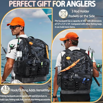 Fishing Backpack with Tackle Boxes and Rod Holder, Cooler, 30L Large Tackle Bag with Fishing Gear Lures Kit, Waterproof Bottom tackle Backpack Fish Set Gifts for Men Women-Camo Back Pack - color: Camo