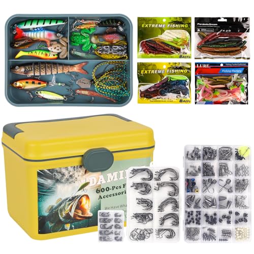 600 Pcs/Tackle Box Fishing Kit-Fishing Hooks,Sinkers, Swivels Snaps,Top Water Lure,Spoons,Soft Lures,Jig Heads, Frogs, Minnow, Accessories Equipment- Saltwater Freshwater Bass Bait Gear