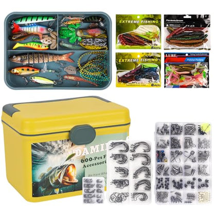 600 Pcs/Tackle Box Fishing Kit-Fishing Hooks,Sinkers, Swivels Snaps,Top Water Lure,Spoons,Soft Lures,Jig Heads, Frogs, Minnow, Accessories Equipment- Saltwater Freshwater Bass Bait Gear