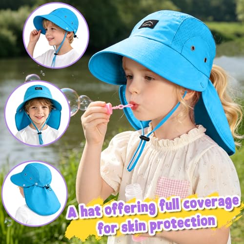 Kids Sun Hat with Detachable Neck Flap for Boys & Girls Wide Brim Fishing Hat for Kids Water Resistant UV Protection - color: 1 Pack-royalblue