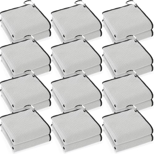 Batiyeer 12 Pcs Golf Towel Bulk for Golf Bags Microfiber Fabric Towel with Clip Waffle Pattern, Fitness, Camping, Hiking, Yoga - color: Light Grey