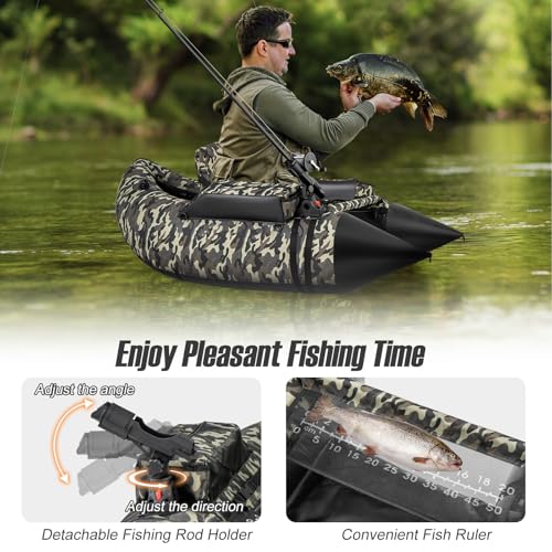 GYMAX Fishing Float Tube, 350LBS Inflatable Belly Boat with Oar, Flippers, Rod Holder, Fish Ruler, Hand Pump & Zipper Storage, Portable Backpack Float Tubes for Fishing - color: Camouflage