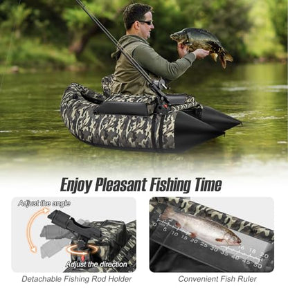 GYMAX Fishing Float Tube, 350LBS Inflatable Belly Boat with Oar, Flippers, Rod Holder, Fish Ruler, Hand Pump & Zipper Storage, Portable Backpack Float Tubes for Fishing - color: Camouflage