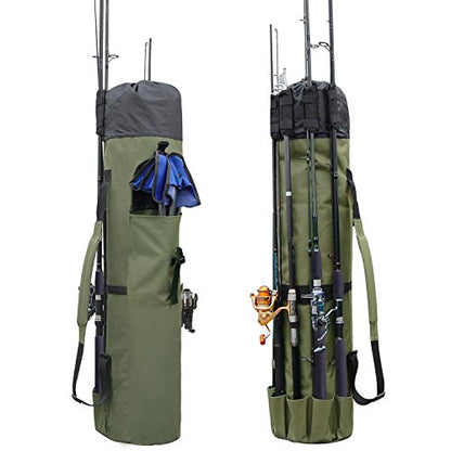 Allnice Durable Canvas Fishing Rod & Reel Organizer Bag Travel Carry Case Bag- Holds 5 Poles & Tackle - color: Khaki Green