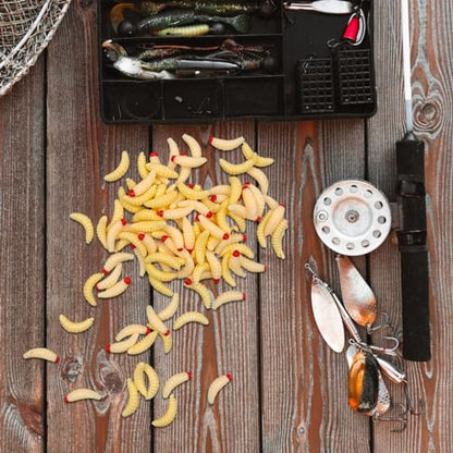 100pcs Bass Fishing Worms Lures, Silicone Soft Maggot Baits Bread Worm Fishing Lures, Bread Worm Wax Worms for Trout Panfish, Fresh Water Fishing Lures Set, 2 Styles