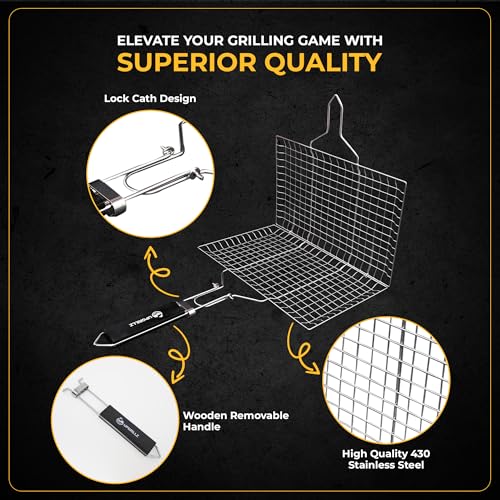 UPGRILLZ Fish Grill Baskets for Outdoor Grill Vegetables, Fish Grilling rack for Grill, BBQ Grilling Basket, Stainless steel Grill Basket for Veggies, shrimp Includes 50 skewers, Silicon Brush, and Carry Bag