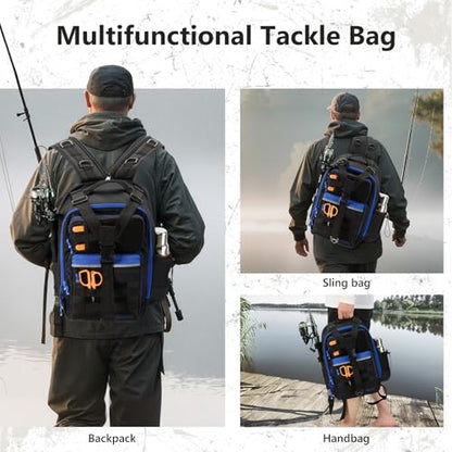 BASSDASH Convertible Fishing Backpack Sling Bag with Rod Holder, Adjustable Tactical Water-Resistant Tackle Storage Pack FP07 - color: Black/Royal Blue, size: Large