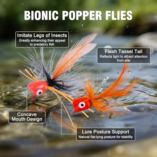 Goture Fly Fishing Poppers Lures, Topwater Popper Flies Bugs Lure, Fly Fish Poppers Fishing Lures Kit, Dry Flies for Panfish Bluegill Crappie Sunfish Bass Trout Salmon - color: A1:34pcs Popper Flies