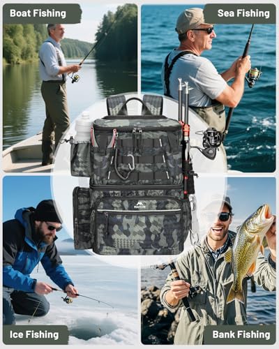 MATEIN Fishing Backpack with 4 Tackle Boxes, Fishing Bag with Rod Holder | 3600 Tackle Box 4 Pack, Water Resistant Tackle Backpack with Cooler Compartment, Safety Compass, Gifts for Fishermen - color: Camouflage