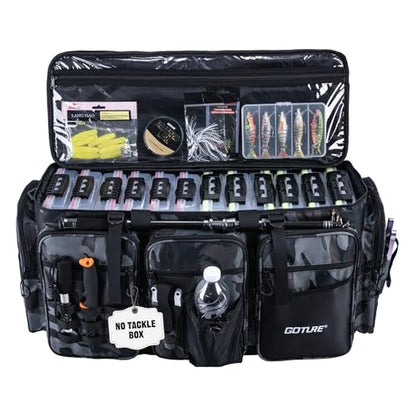 Goture Large Tackle Bag,Water Resistant Saltwater Gear Storage Big Fishing Bag with EVA Bottom,Store Up to 12PCS 3700 Plus 5PCS 3600 Tackle Trays(Not Included),Gifts for Men(26.38"x15.35"x11.42") - color: A2 Camo 1 XXL Without Trays