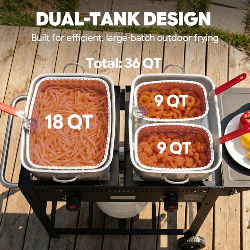 Feasto Outdoor Propane Deep Fryer with Movable Cart, 36 QT 2-Burner Stove | 100,000 BTU Total, 2 x 18QT Aluminum Pots, 1 x 18QT Basket & 2 x 9QT Frying Baskets, Portable Fryer for Fish, Fries & Chicken - size: 36 qt