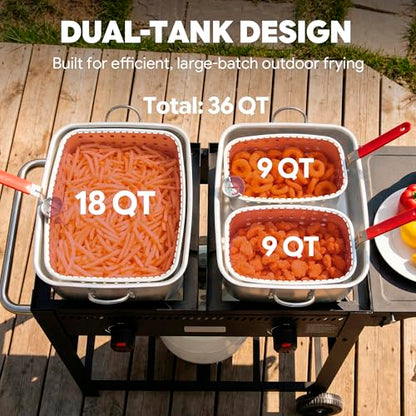 Feasto Outdoor Propane Deep Fryer with Movable Cart, 36 QT 2-Burner Stove | 100,000 BTU Total, 2 x 18QT Aluminum Pots, 1 x 18QT Basket & 2 x 9QT Frying Baskets, Portable Fryer for Fish, Fries & Chicken - size: 36 qt