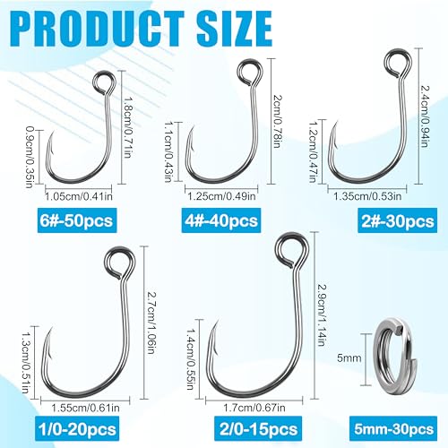 Inline Single Hooks Kit, 185pcs Single Replacement Hooks for Hard Lures Baits Inline Circle Hooks with Split Rings Large Eye Fishing Hooks Saltwater Freshwater for Treble Hook Replacement