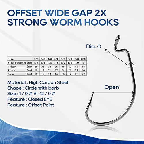 UCEC Fishing Hooks Offset Shank Worm Hooks Extra Wide Gap 2X Strong Carbon Steel Bait Jig for Bass Fishing Trout Catfish Saltwater Freshwater 1/0 2/0 3/0 4/0 5/0 30pcs/Box - size: 2/0 30pcs